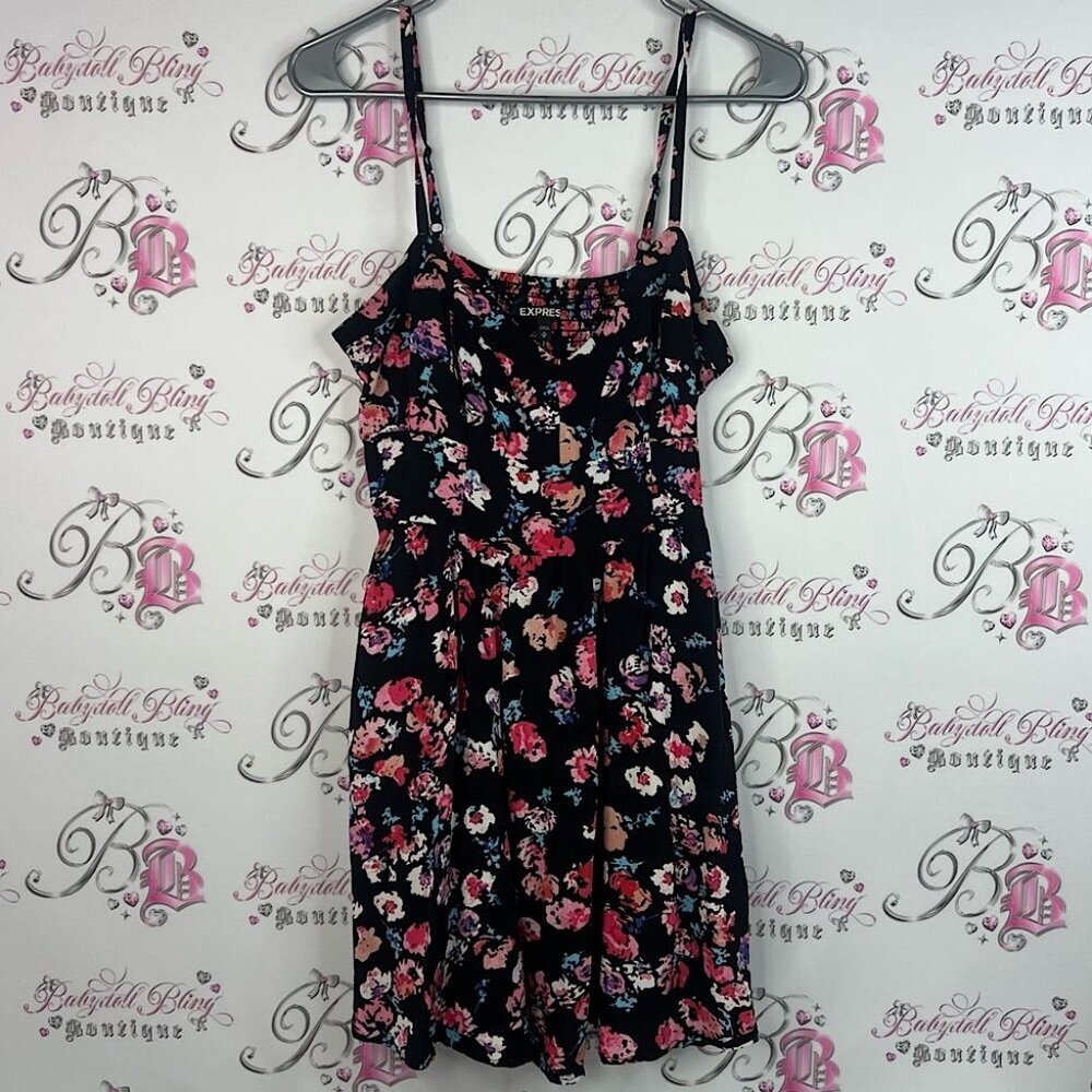 Express dress flowers smocked Floral Print Intimate Dress - Black and Pink
